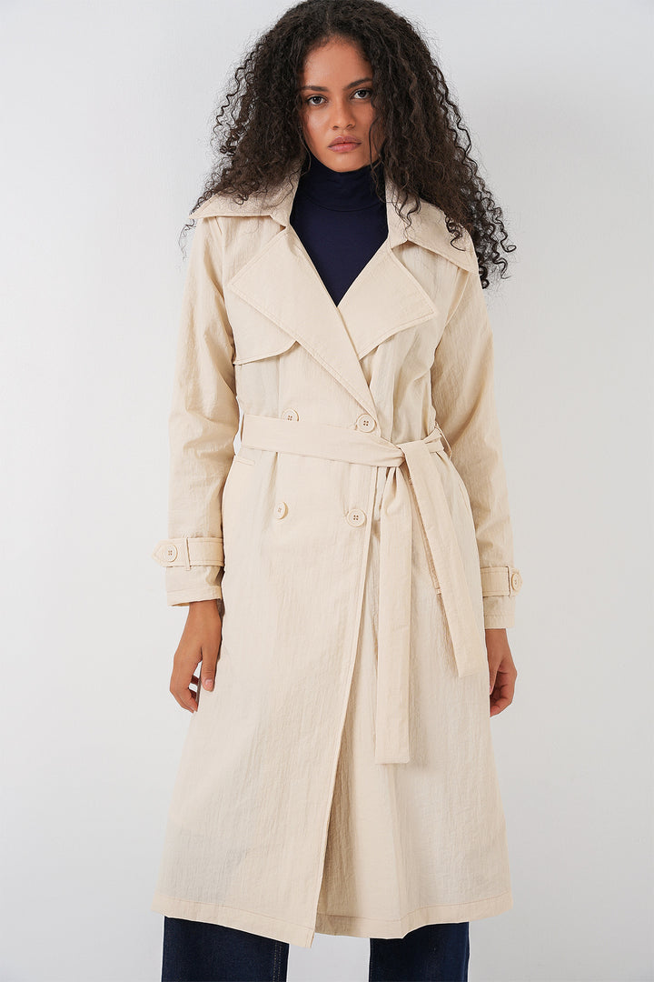 BGD Women Double-Breasted Trench Coat - Cream - Palaió Fáliro