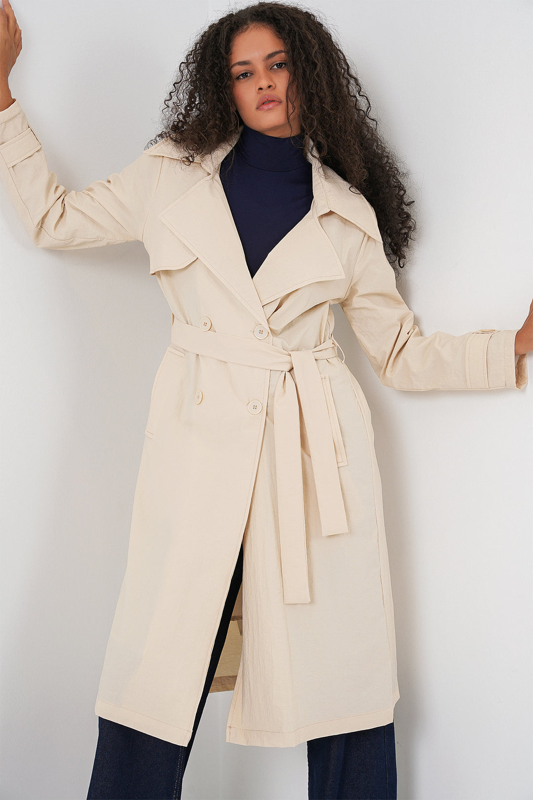 BGD Women Double-Breasted Trench Coat - Cream - Elizabeth