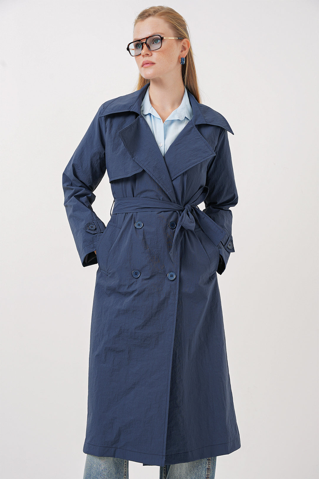 BGD Women Double-Breasted Trench Coat - Navy Blue - Papenburg