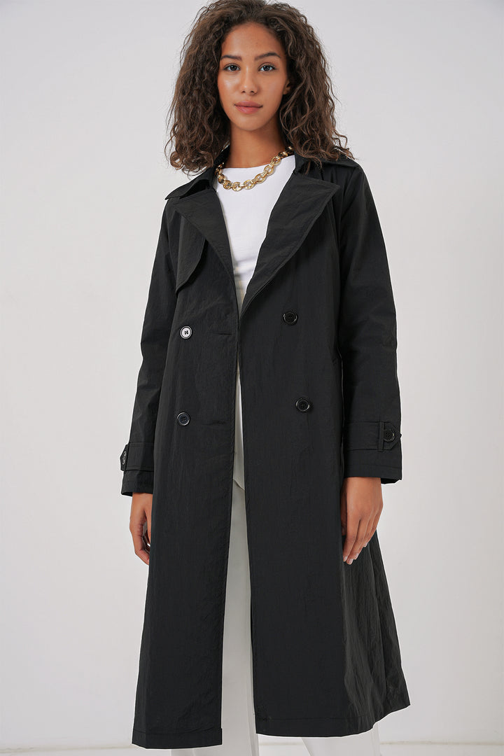 BGD Women Double-Breasted Trench Coat - Black - Pocatello