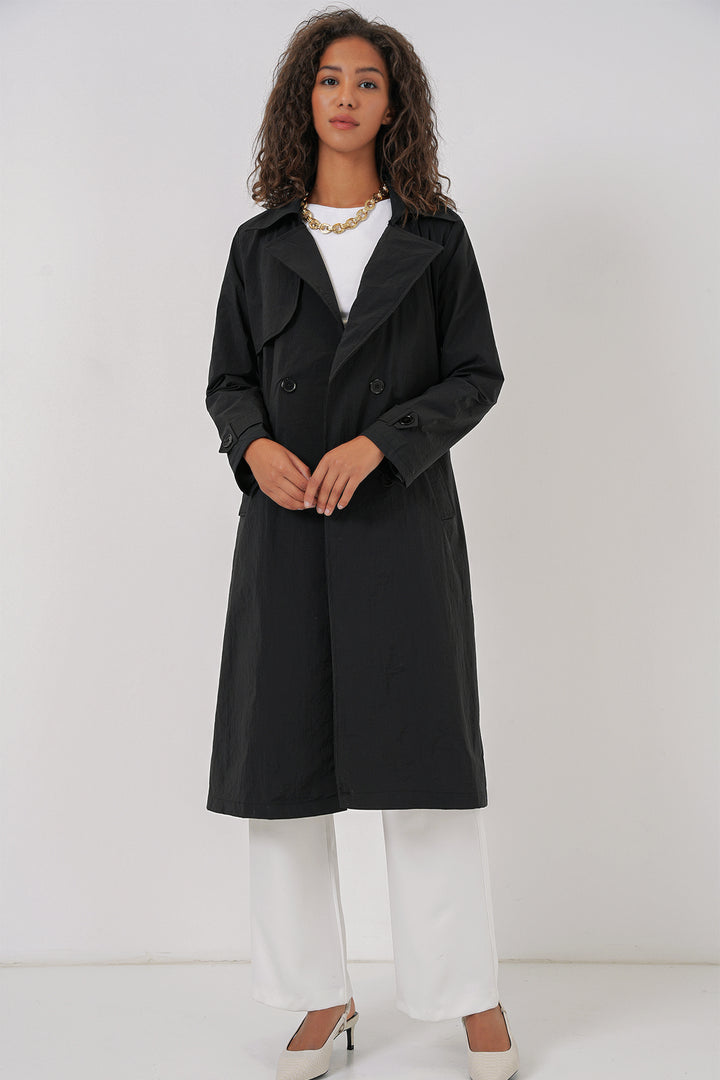 BGD Women Double-Breasted Trench Coat - Black - Pocatello