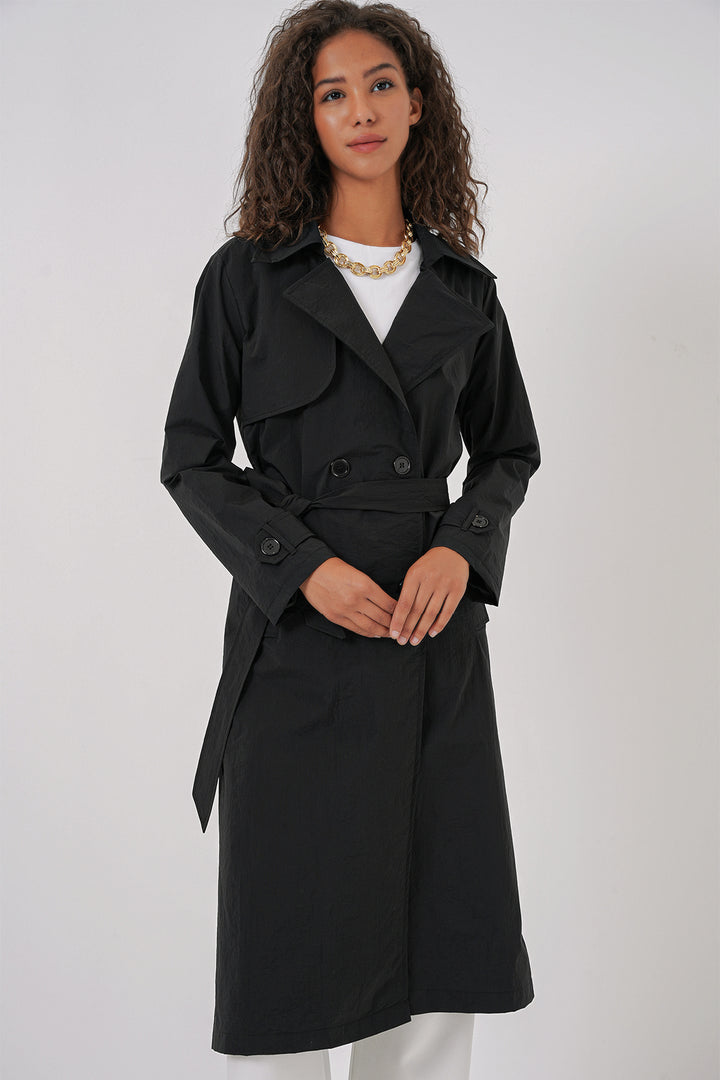 BGD Women Double-Breasted Trench Coat - Black - Pocatello