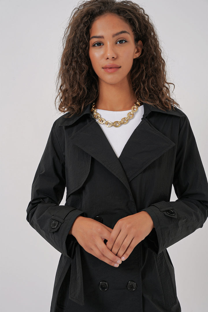 BGD Women Double-Breasted Trench Coat - Black - Pocatello