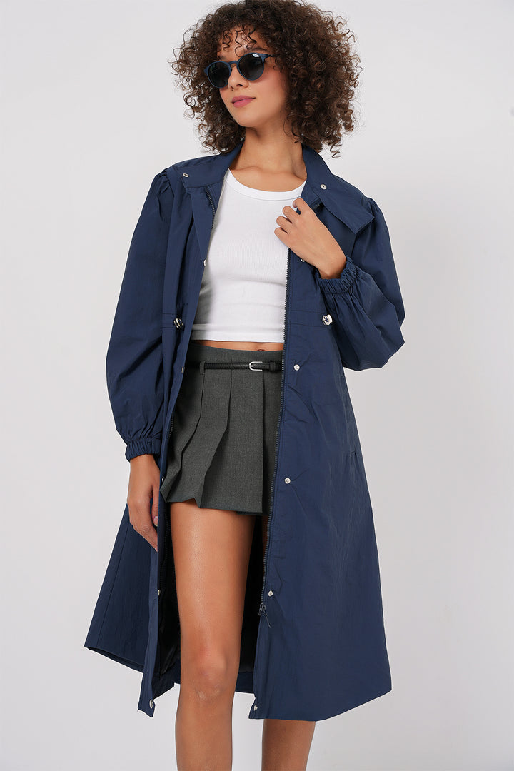 BGD Women Lined Long Trench Coat - Navy - Ocuilan de Arteaga