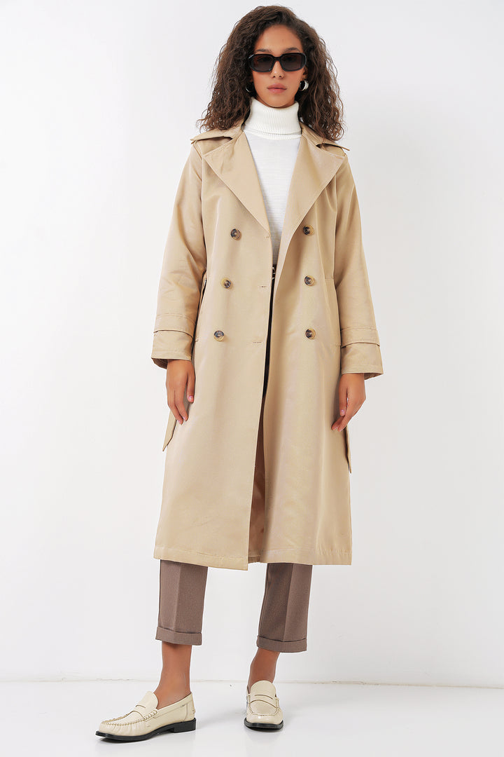 BGD Women Women's Wrap Neck Long Trench Coat - Beige - Palmela