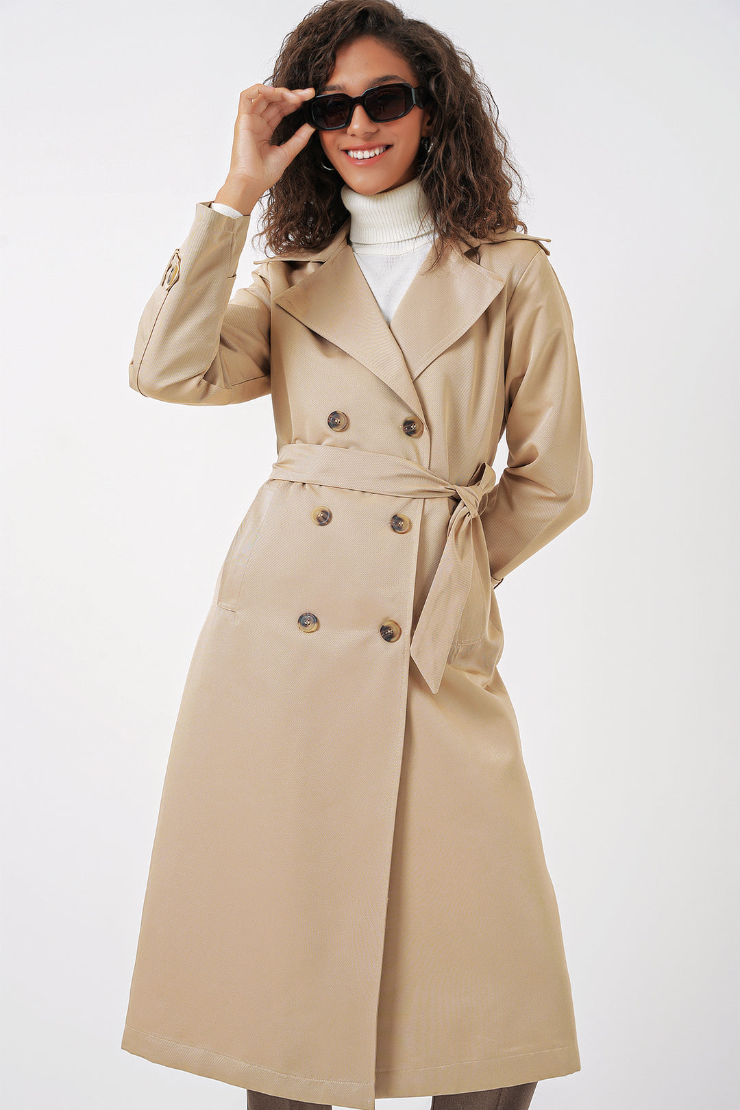 BGD Women Women's Wrap Neck Long Trench Coat - Beige - Tacoma
