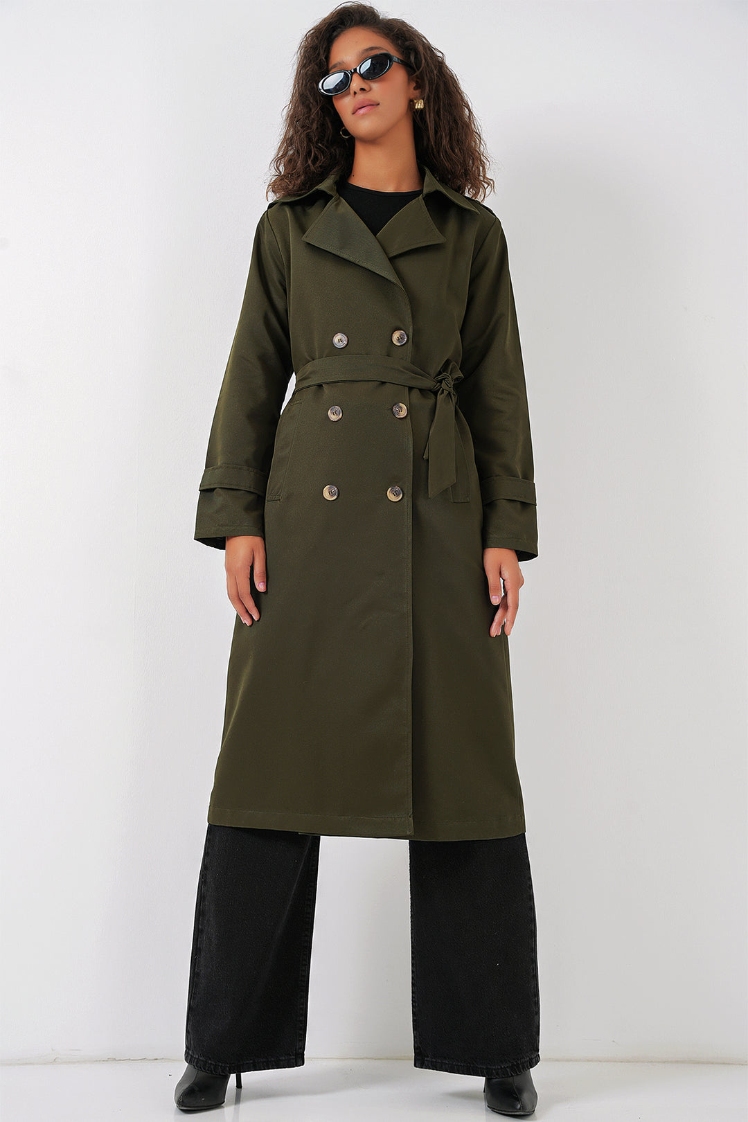 BGD Women Women's Wrap Neck Long Trench Coat - Khaki - Colchester