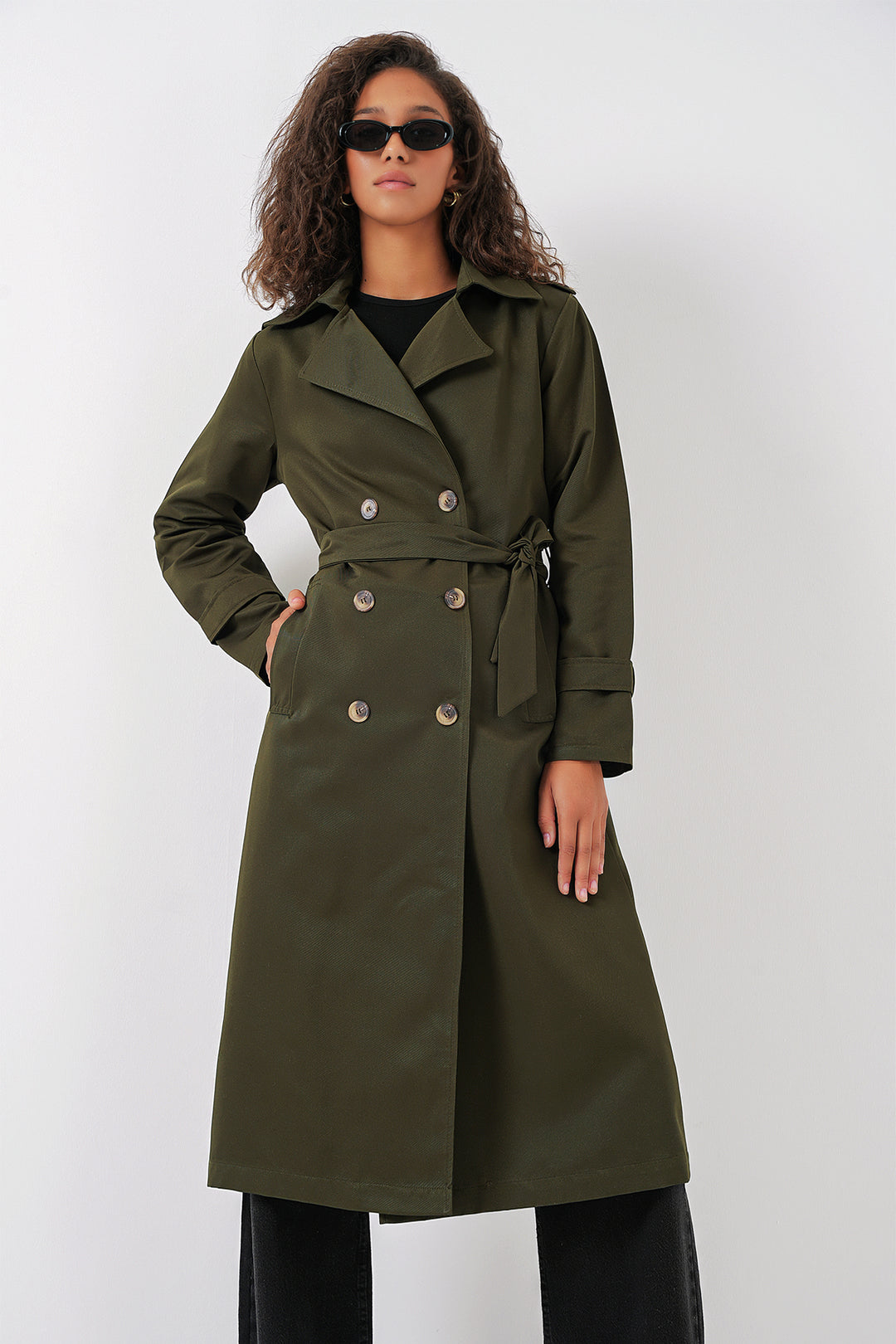 BGD Women Women's Wrap Neck Long Trench Coat - Khaki - Colchester