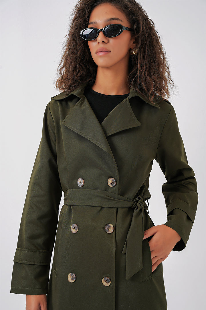BGD Women Women's Wrap Neck Long Trench Coat - Khaki - Colchester