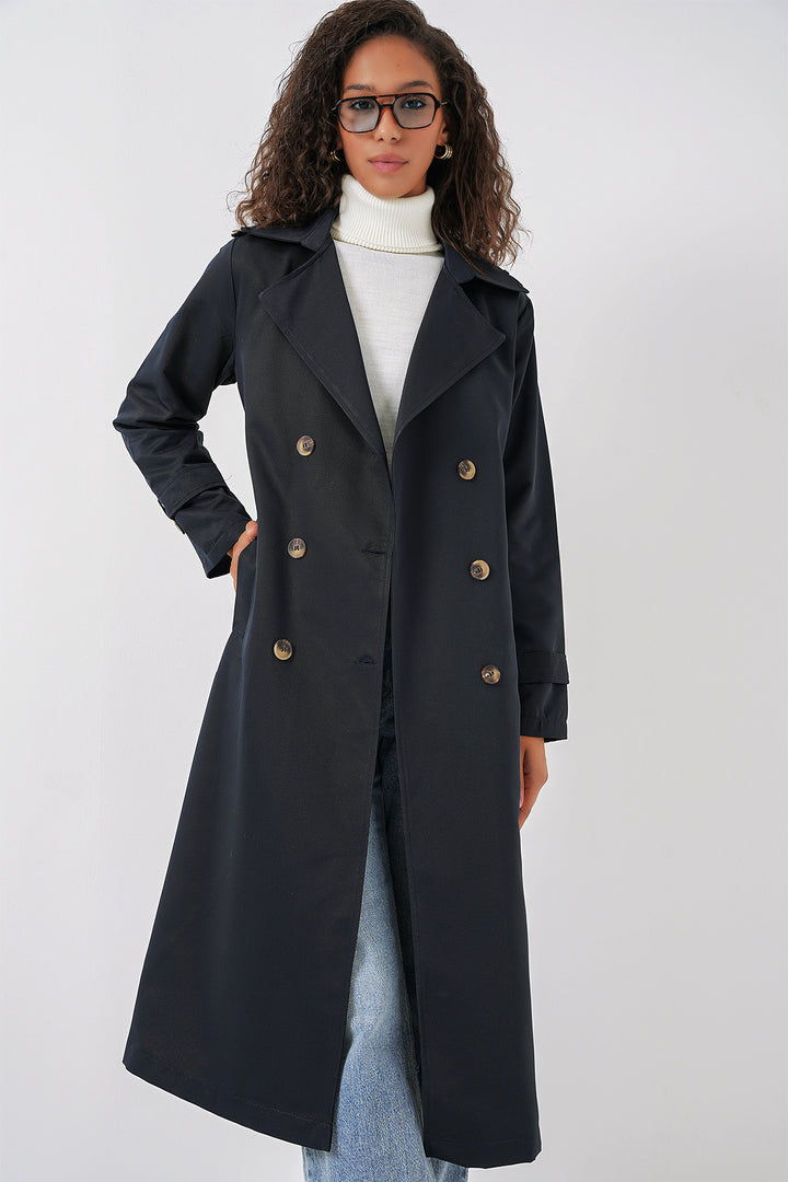 BGD Women Women's Wrap Neck Long Trench Coat - Navy Blue - Kenosha