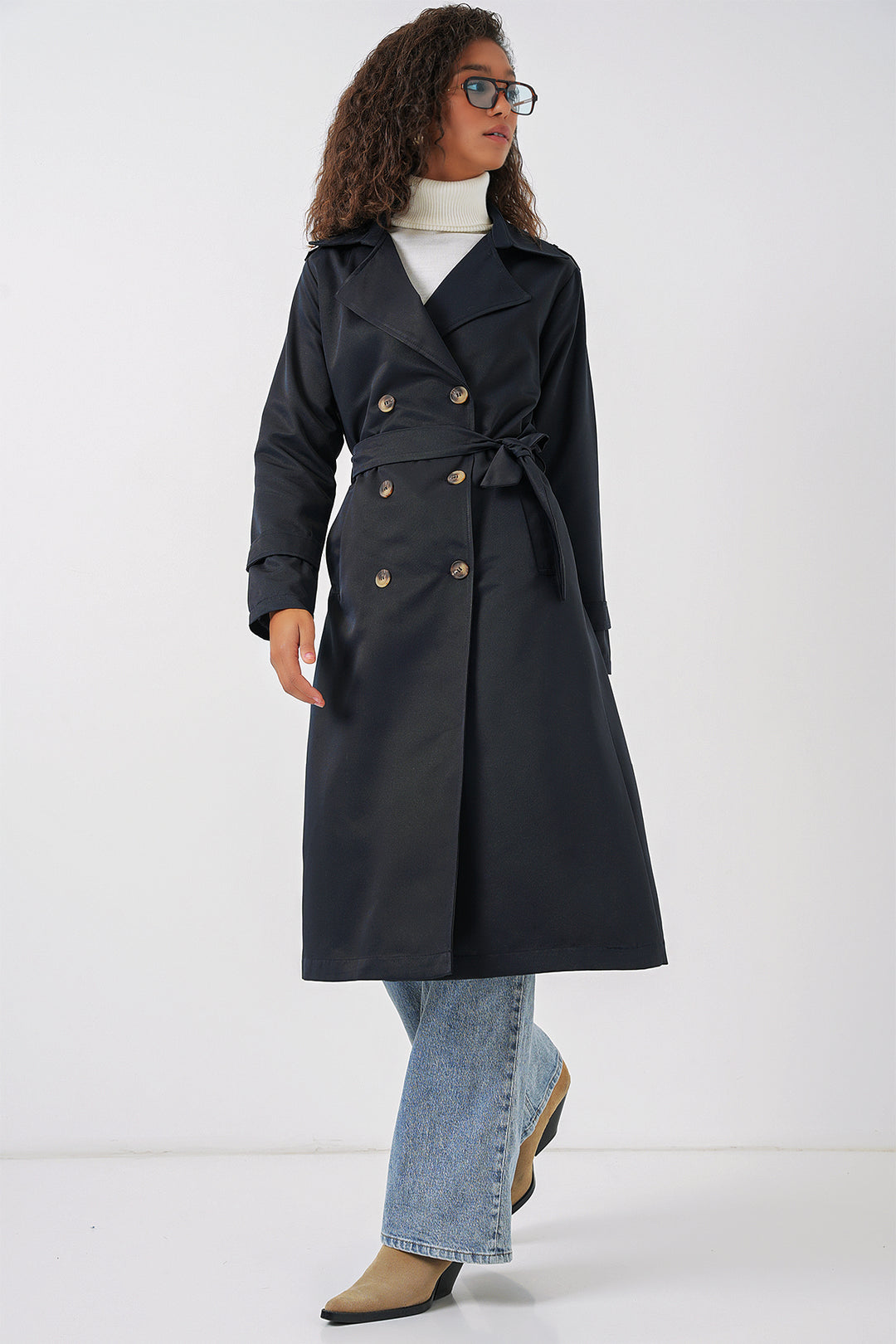 BGD Women Women's Wrap Neck Long Trench Coat - Navy Blue - Kenosha