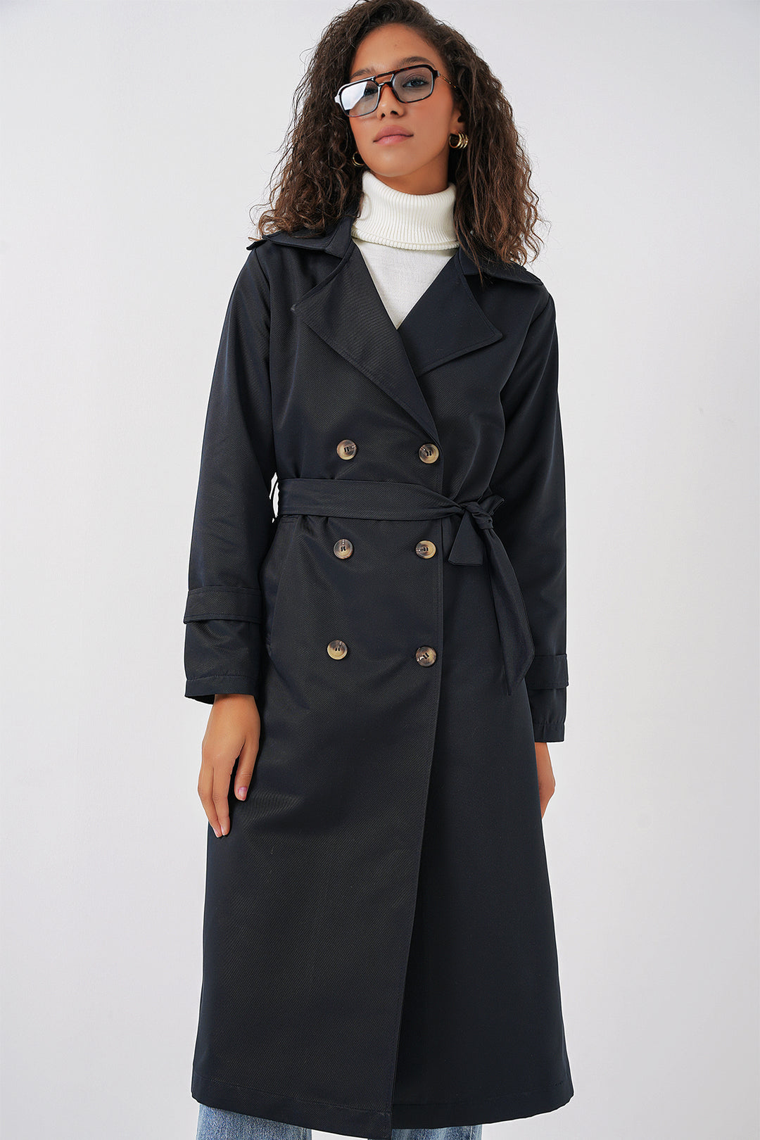 BGD Women Women's Wrap Neck Long Trench Coat - Navy Blue - Kenosha
