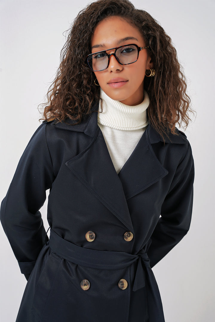 BGD Women Women's Wrap Neck Long Trench Coat - Navy Blue - Kenosha