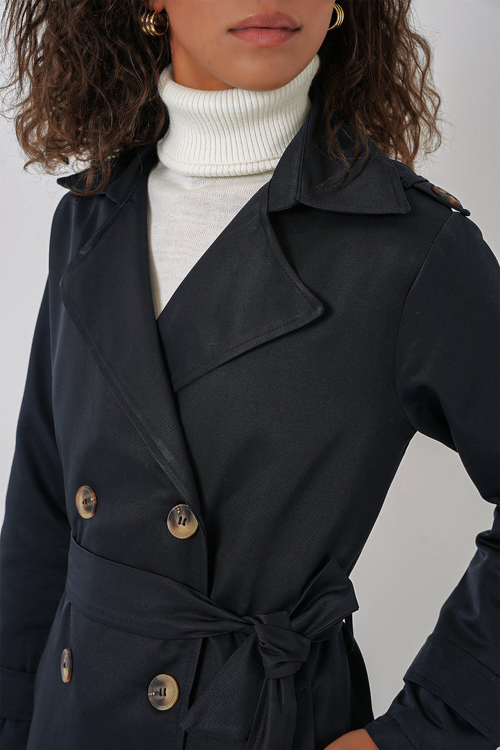 BGD Women Women's Wrap Neck Long Trench Coat - Navy Blue - Kenosha