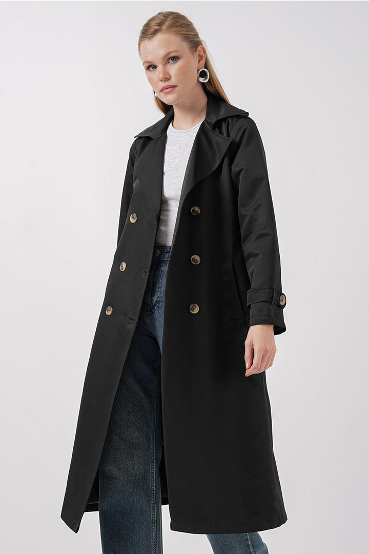 BGD Women Women's Wrap Neck Long Trench Coat - Black - Bitterfeld