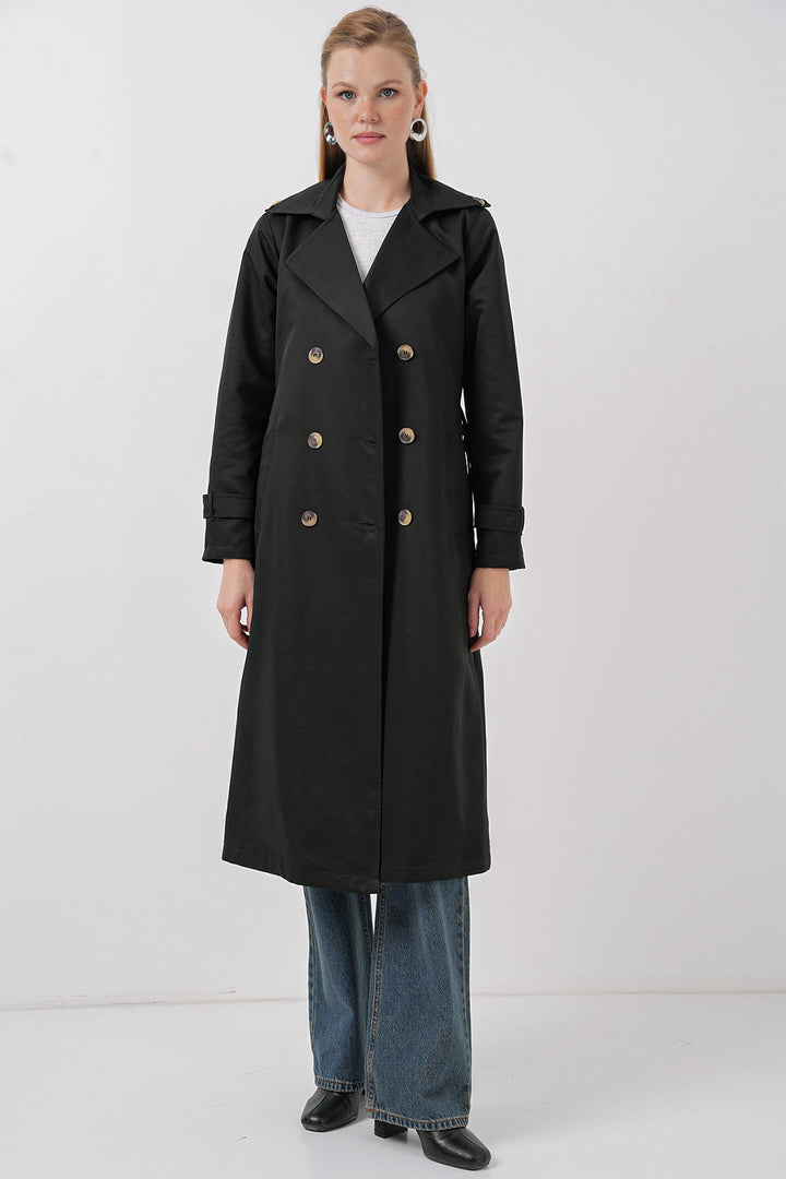 BGD Women Women's Wrap Neck Long Trench Coat - Black - Bitterfeld