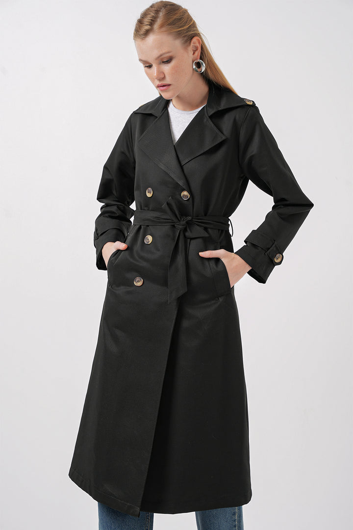 BGD Women Women's Wrap Neck Long Trench Coat - Black - Bitterfeld