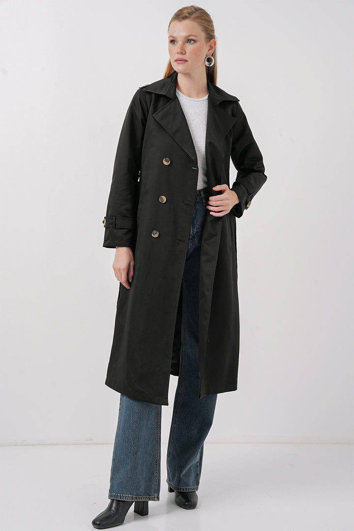 BGD Women Women's Wrap Neck Long Trench Coat - Black - Bitterfeld