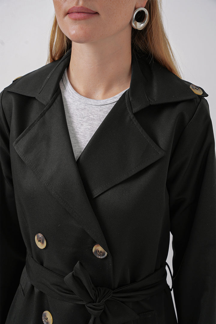 BGD Women Women's Wrap Neck Long Trench Coat - Black - Bitterfeld