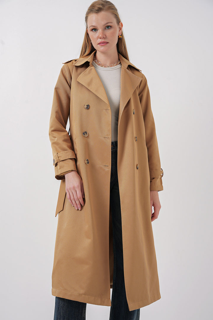 BGD Women Women's Wrap Neck Long Trench Coat - Tan - Bettendorf