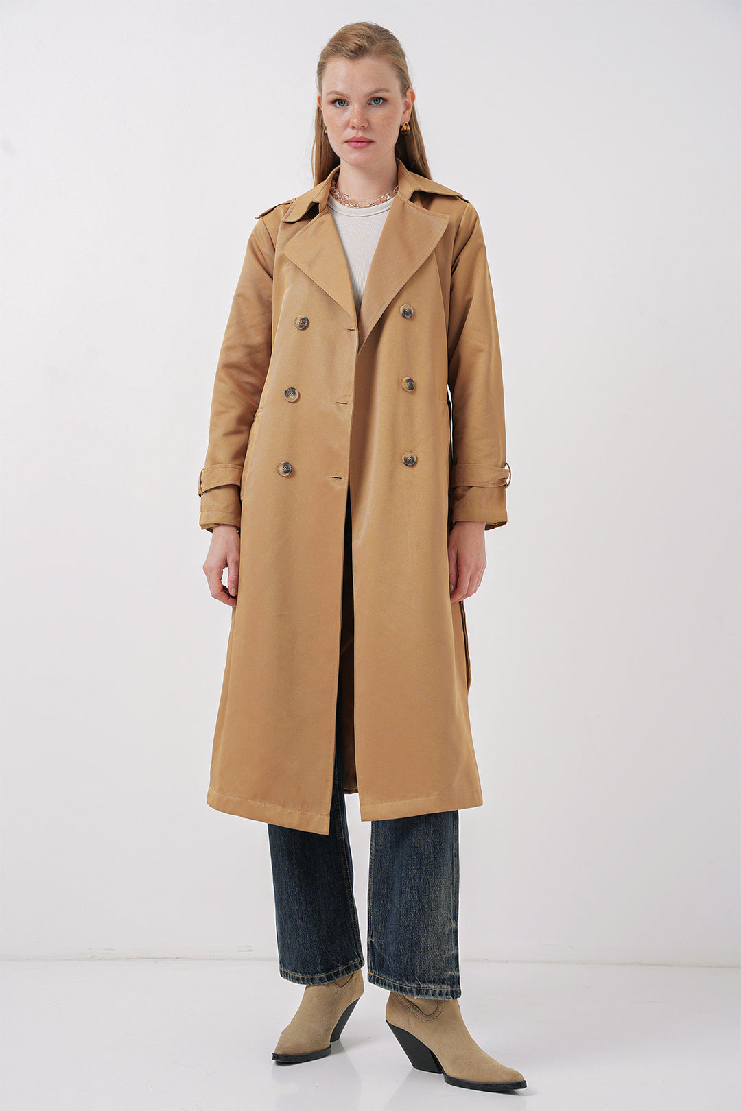 BGD Women Women's Wrap Neck Long Trench Coat - Tan - Bettendorf