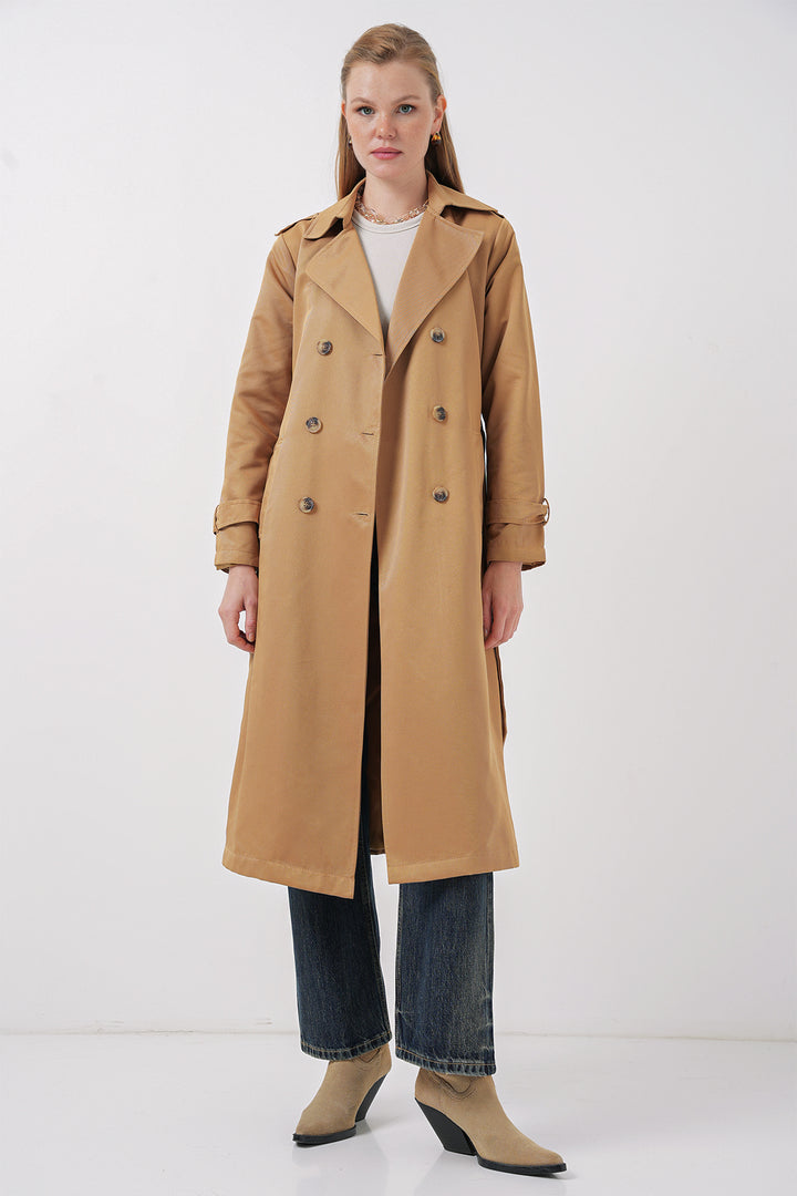 BGD Women Women's Wrap Neck Long Trench Coat - Tan - Bettendorf