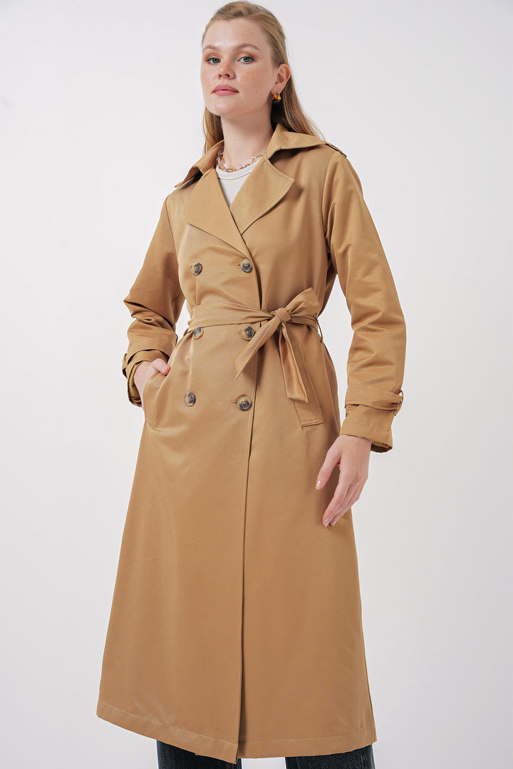BGD Women Women's Wrap Neck Long Trench Coat - Tan - Bettendorf