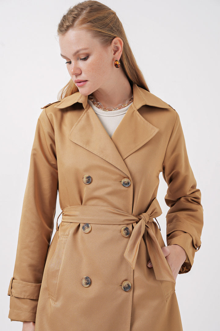 BGD Women Women's Wrap Neck Long Trench Coat - Tan - Bettendorf