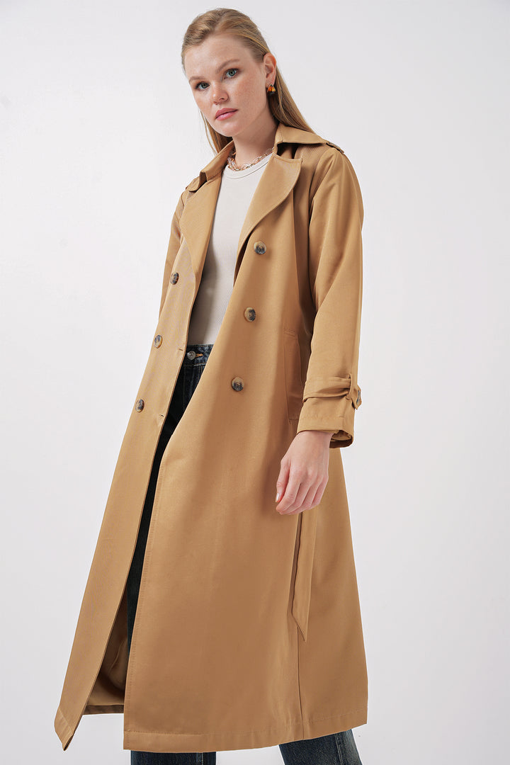 BGD Women Women's Wrap Neck Long Trench Coat - Tan - Bettendorf