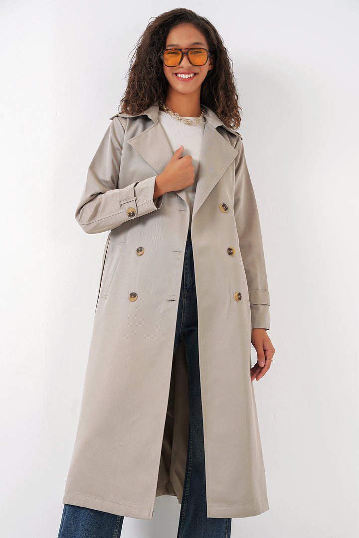 BGD Women Women's Wrap Neck Long Trench Coat - Stone - Pickering
