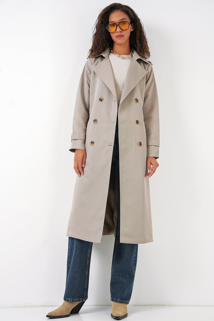 BGD Women Women's Wrap Neck Long Trench Coat - Stone - Pickering