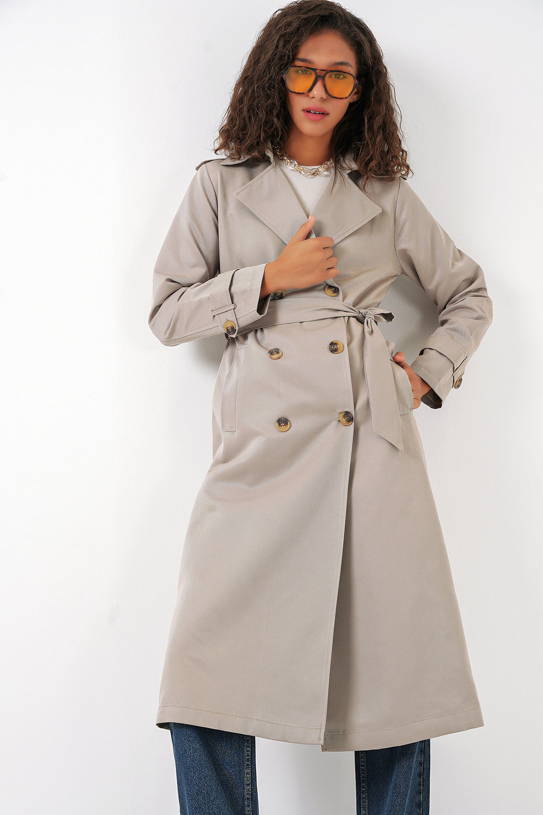 BGD Women Women's Wrap Neck Long Trench Coat - Stone - Pickering