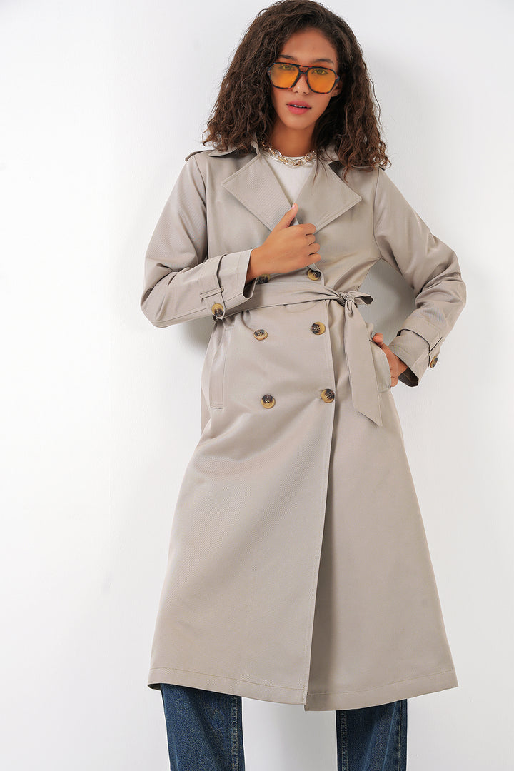 BGD Women Women's Wrap Neck Long Trench Coat - Stone - Pickering