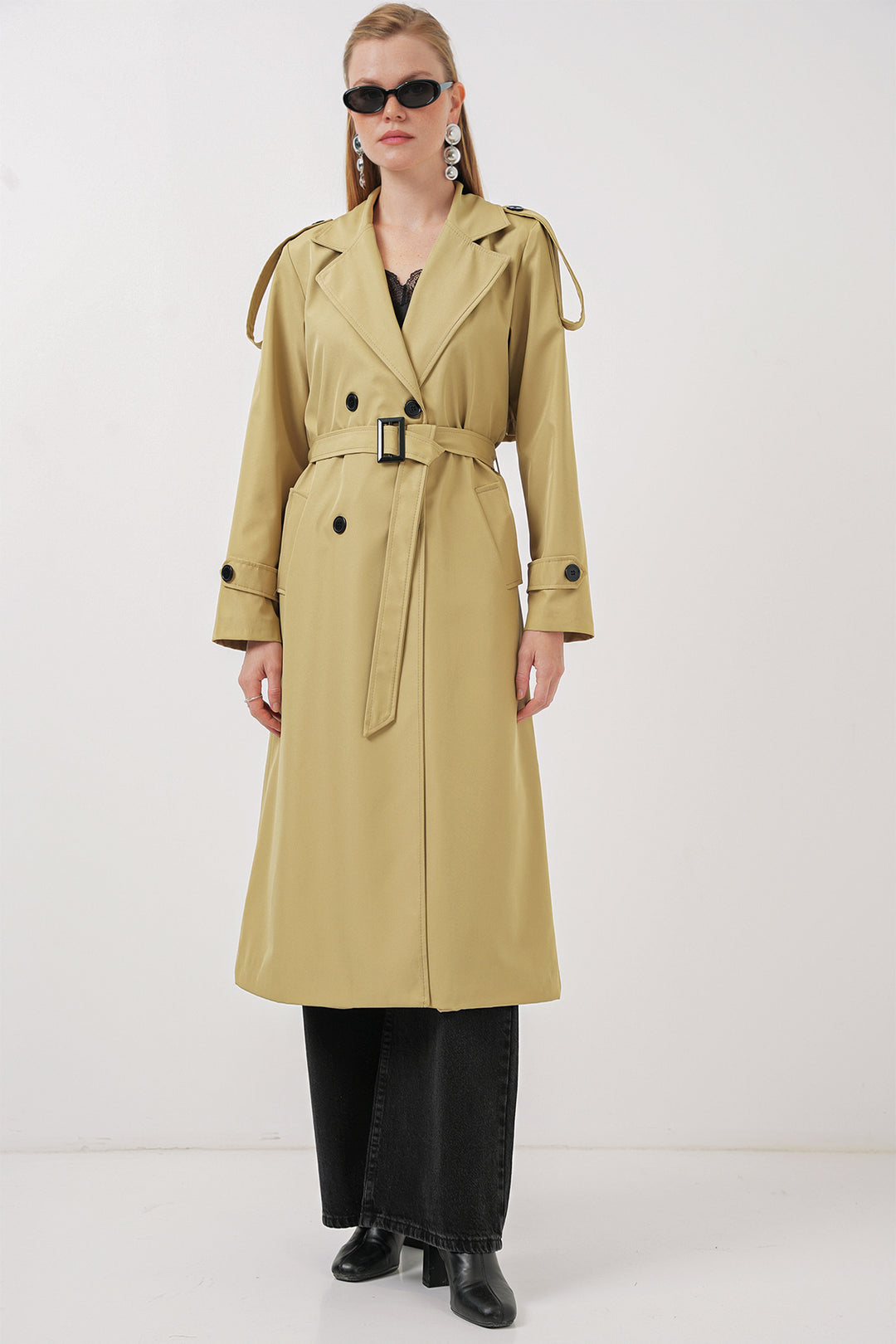 BGD Women Double-Breasted Long Trench Coat - Army Green - Mantes-la-Jolie