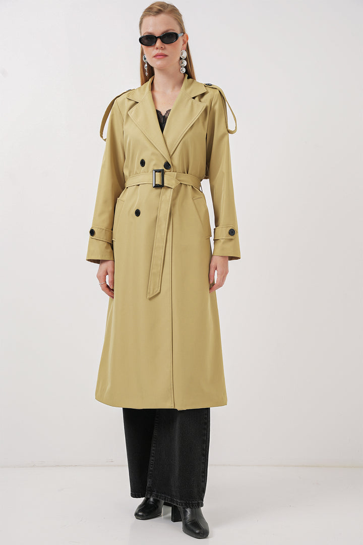 BGD Women Double-Breasted Long Trench Coat - Army Green - Mantes-la-Jolie
