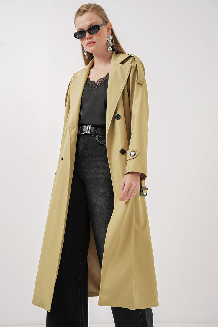 BGD Women Double-Breasted Long Trench Coat - Army Green - Mantes-la-Jolie