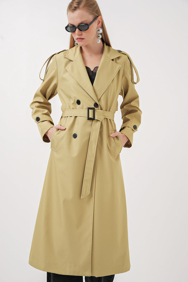 BGD Women Double-Breasted Long Trench Coat - Army Green - Mantes-la-Jolie