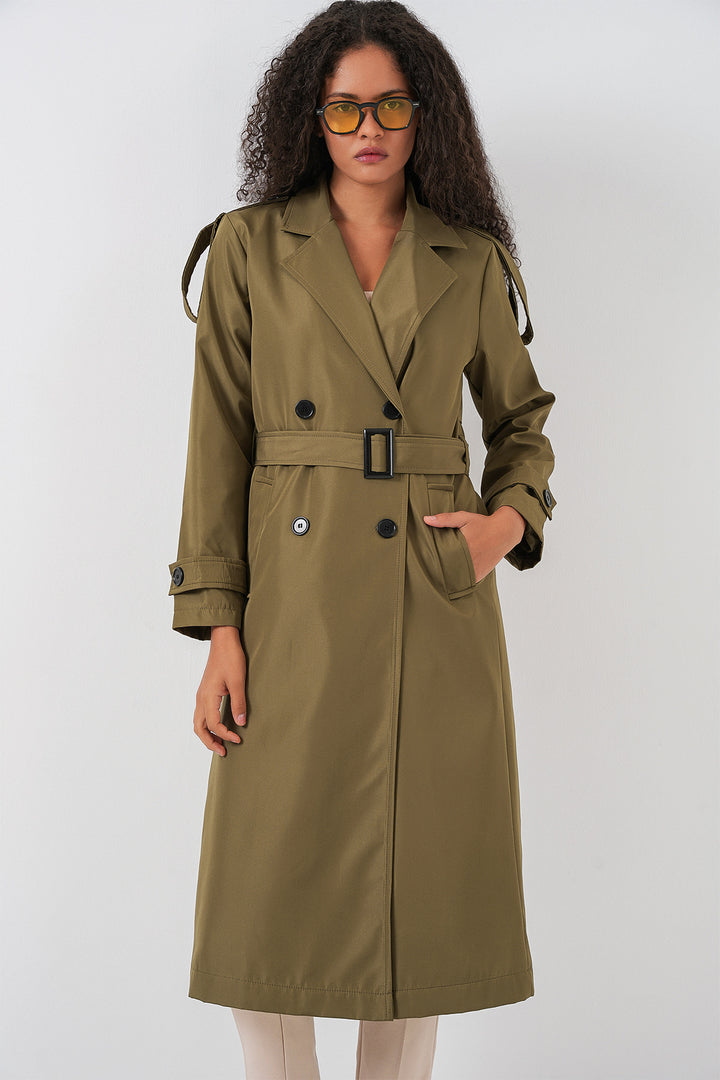 BGD Women Double-Breasted Long Trench Coat - Khaki - Ontario