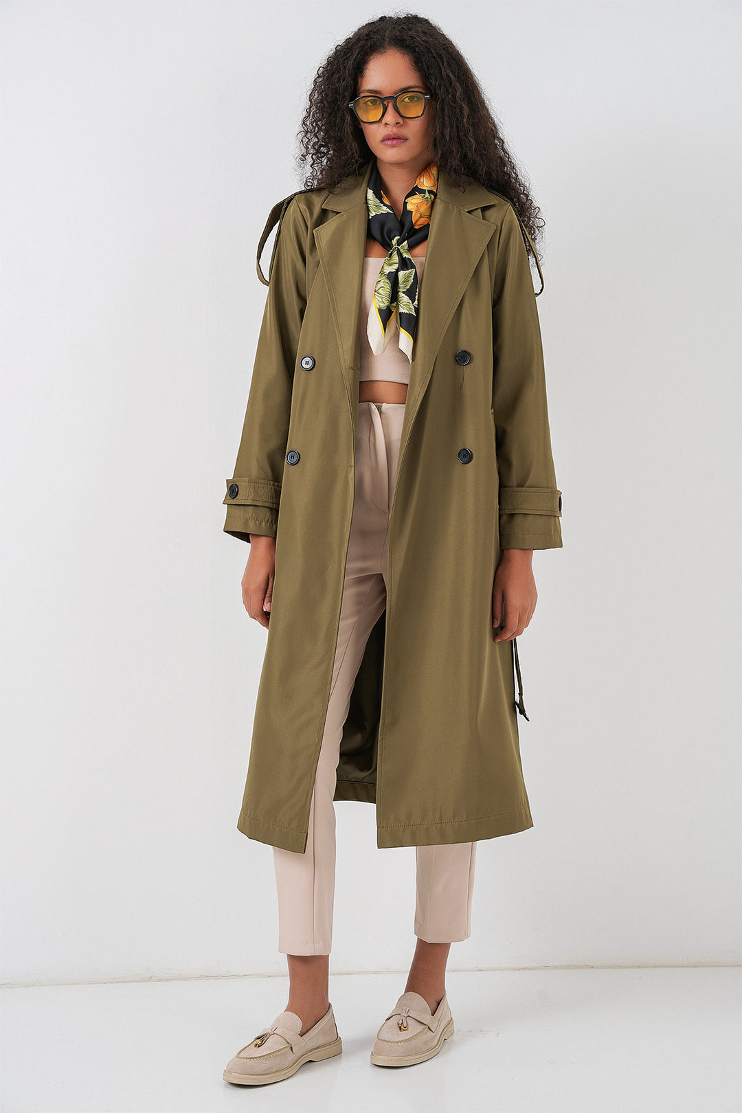 BGD Women Double-Breasted Long Trench Coat - Khaki - Ontario