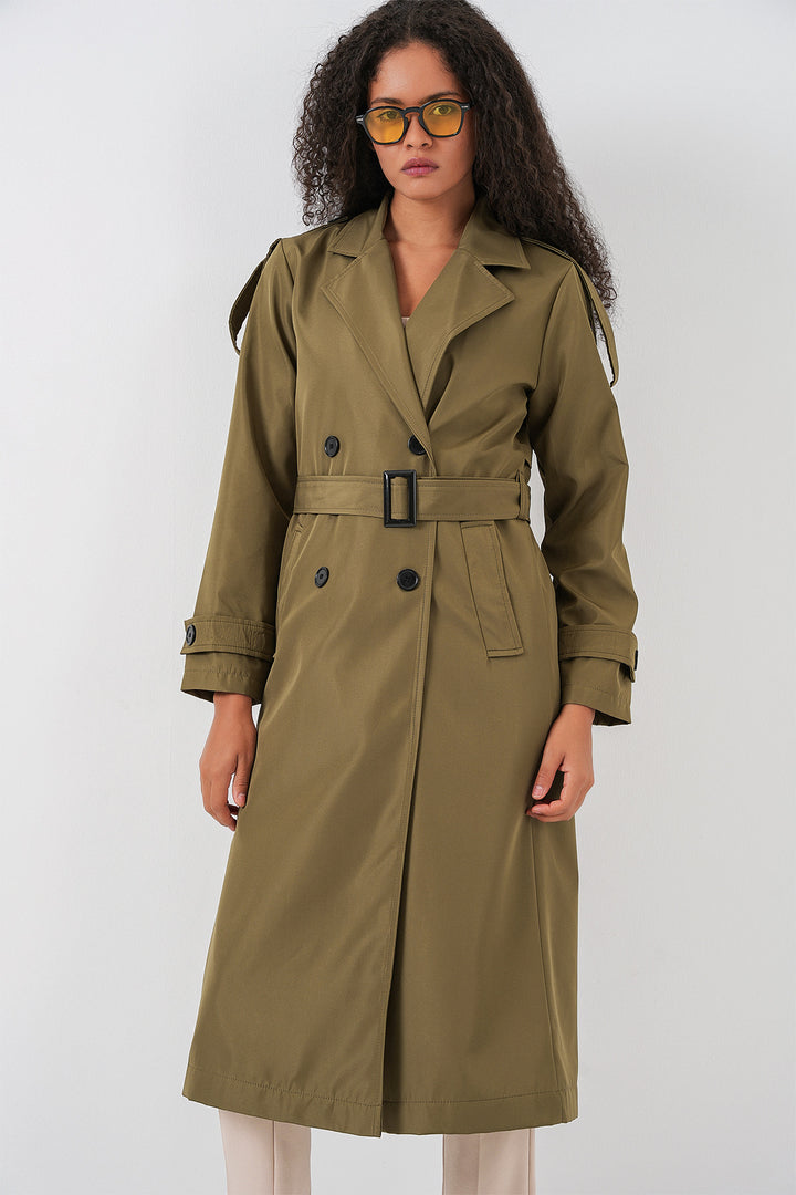BGD Women Double-Breasted Long Trench Coat - Khaki - Ontario