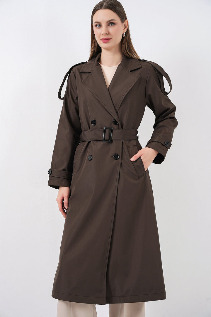 BGD Women Double Breasted Long Trench Coat - Brown - Derby