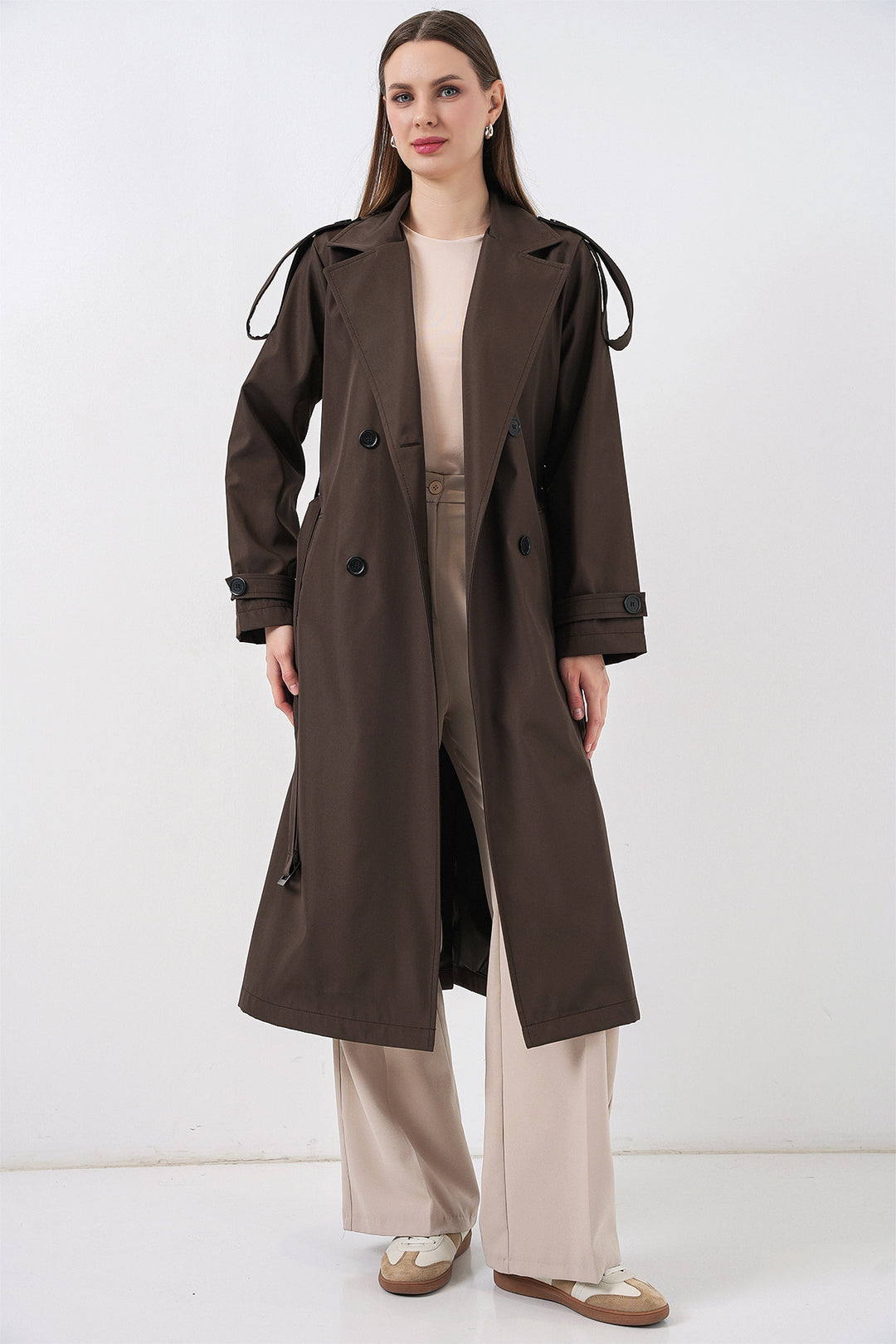 BGD Women Double Breasted Long Trench Coat - Brown - Derby
