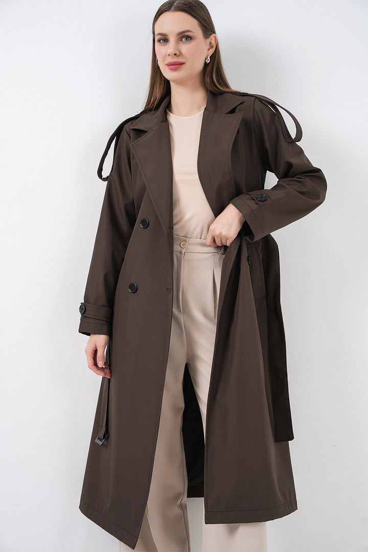 BGD Women Double Breasted Long Trench Coat - Brown - Derby