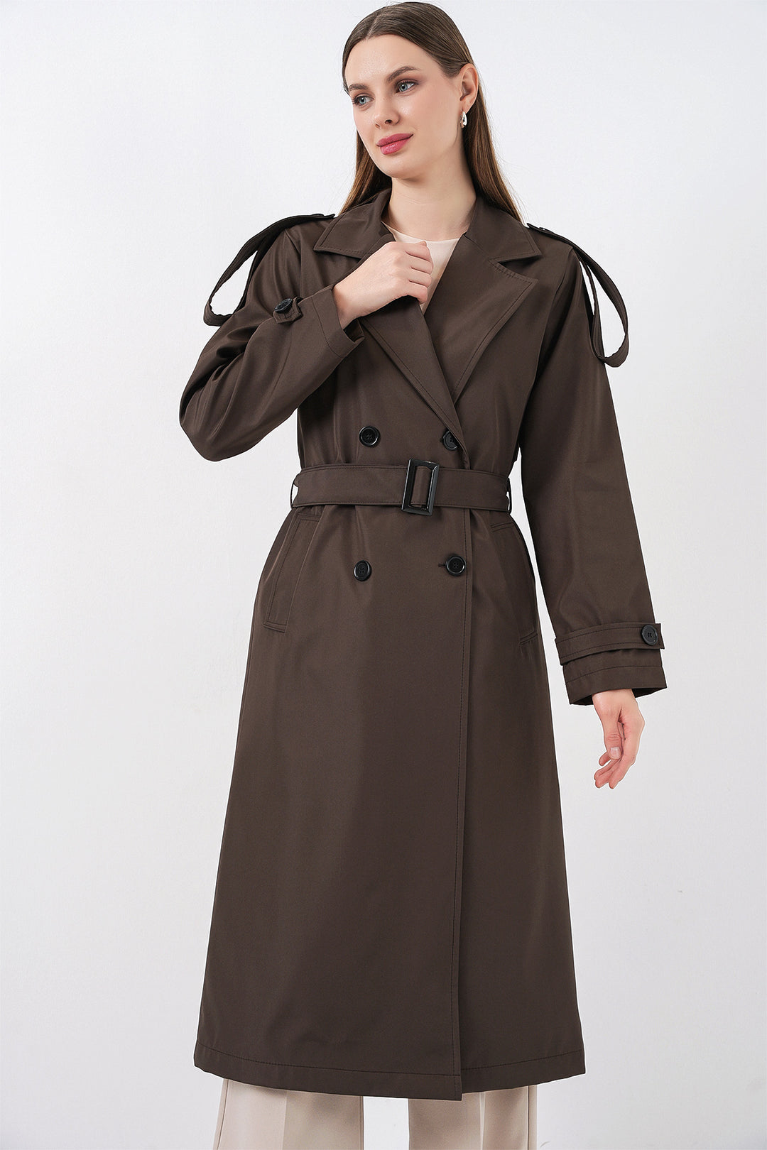 BGD Women Double Breasted Long Trench Coat - Brown - Derby