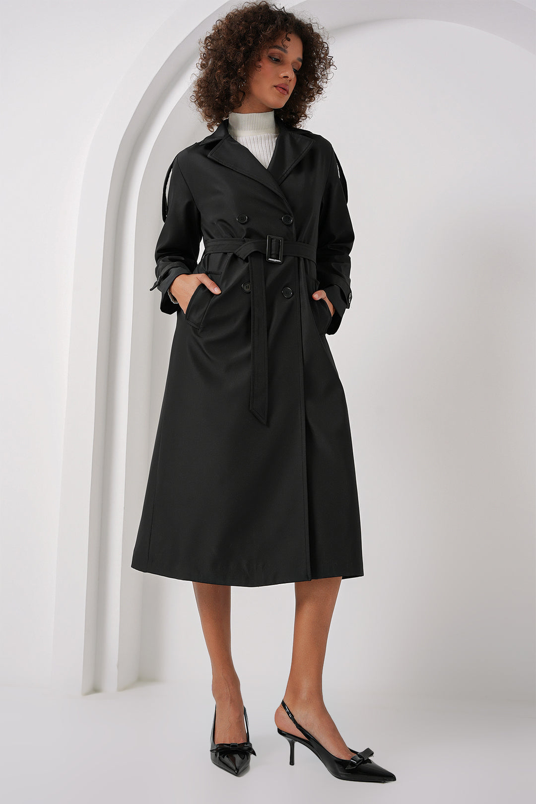 BGD Women Double Breasted Long Trench Coat - Black - Philadelphia