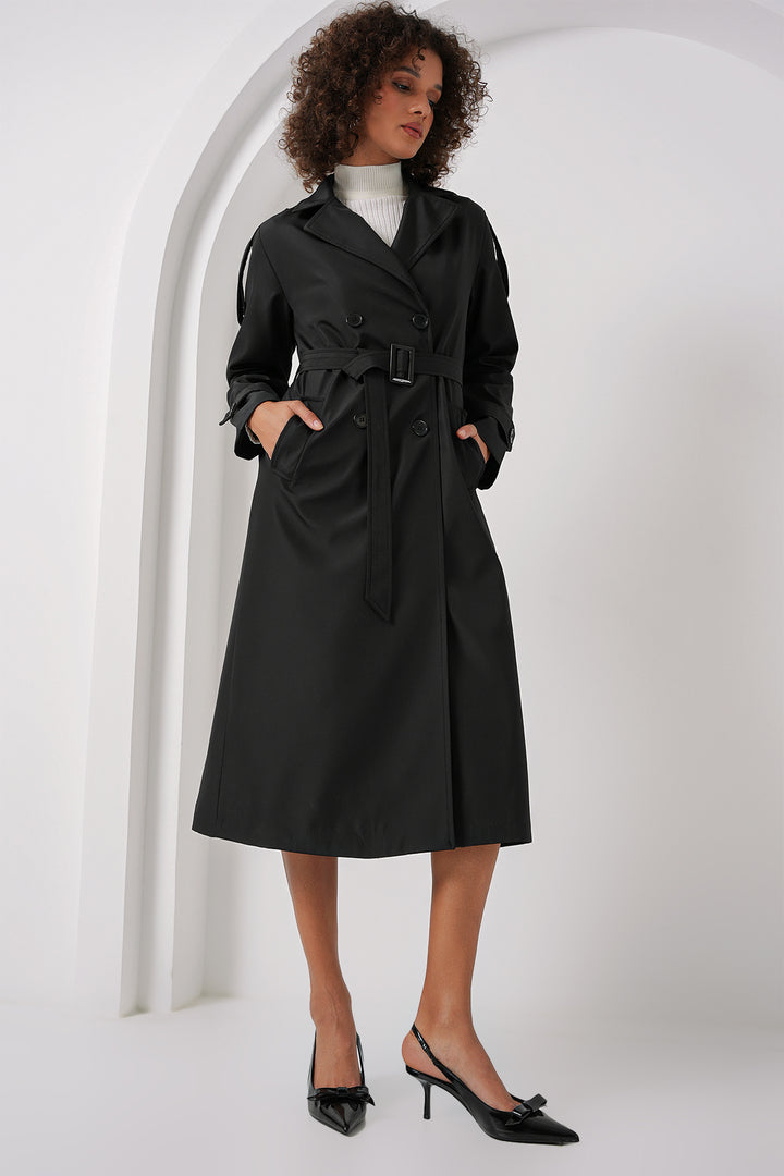 BGD Women Double Breasted Long Trench Coat - Black - Philadelphia