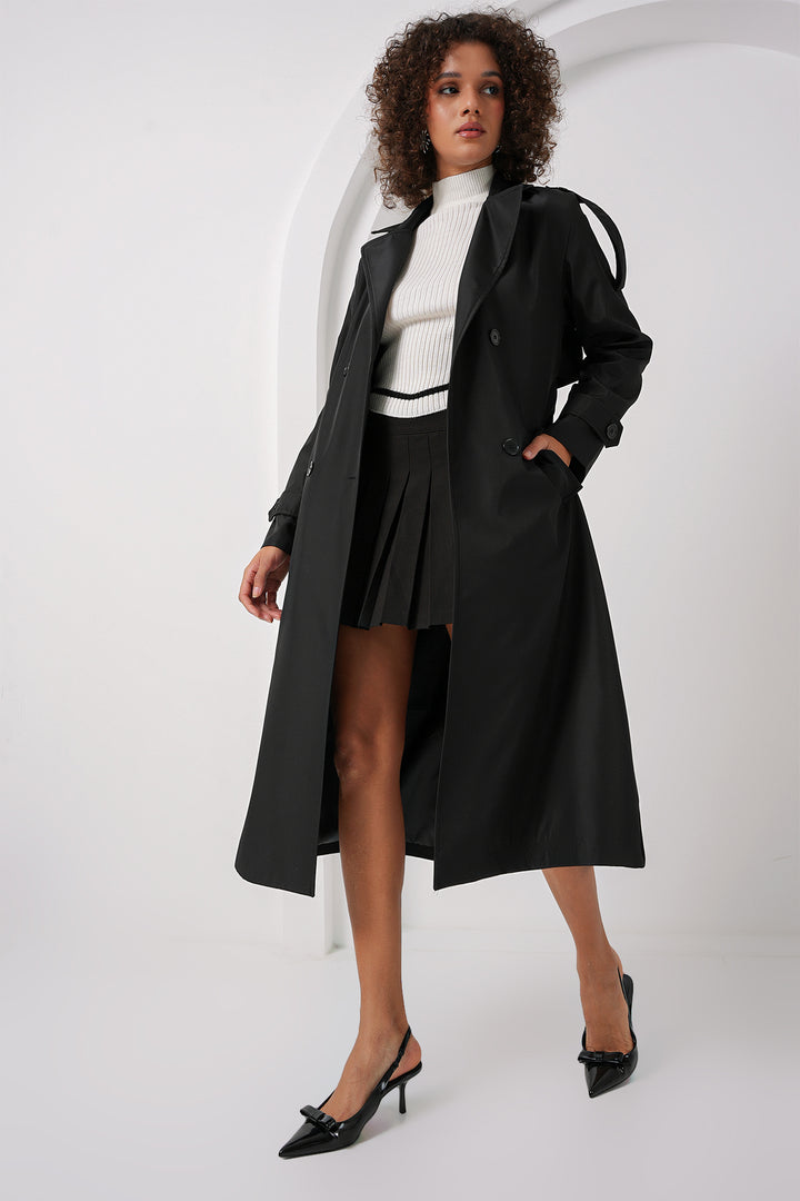 BGD Women Double Breasted Long Trench Coat - Black - Philadelphia