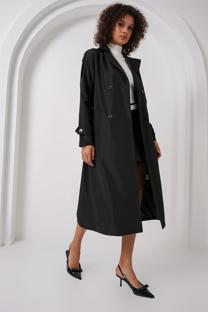 BGD Women Double Breasted Long Trench Coat - Black - Philadelphia
