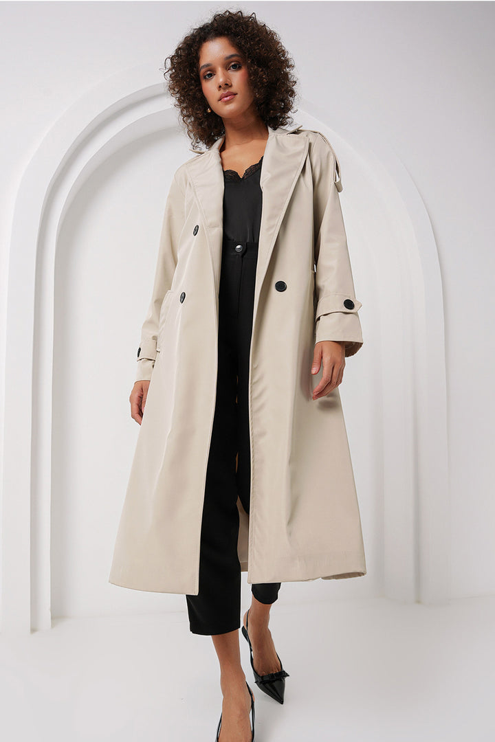BGD Women Double Breasted Long Trench Coat - Stone - San José Villa de Allende
