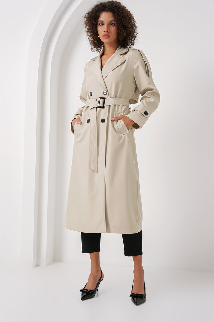 BGD Women Double Breasted Long Trench Coat - Stone - San José Villa de Allende